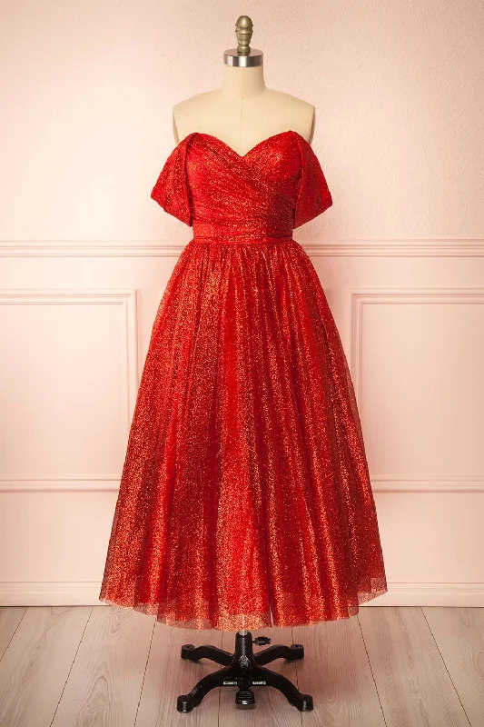 Anastriana Red | Sparkly Off-Shoulder Midi Dress Vintage Style Clothing Sale