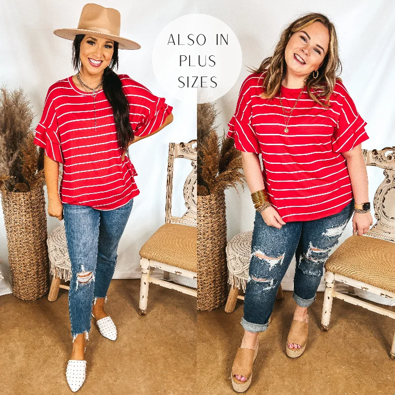 Set The Standard Striped Top with Short Ruffle Sleeves in Red Chic Style, Always In Vogue