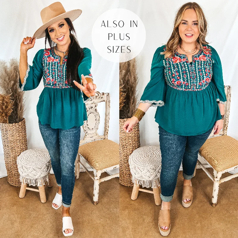 Already Mine 3/4 Bell Sleeve Embroidered Babydoll Top in Teal Enjoy Discount