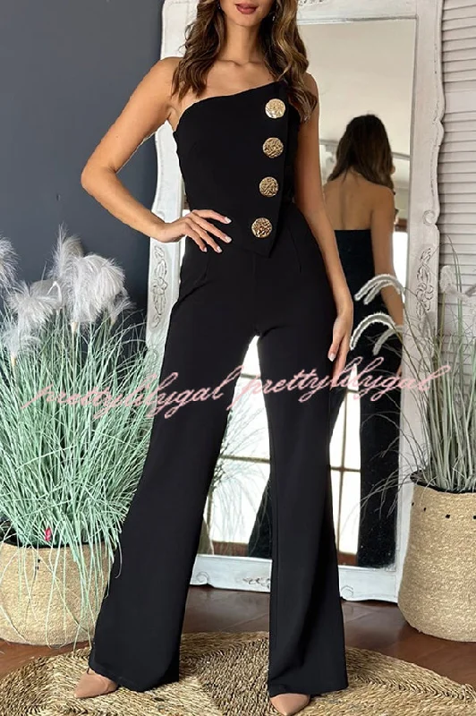 Solid Color Sexy Tube Top Gold Button Embellished Bootcut Jumpsuit Hot Picks