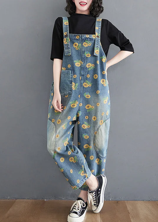 Casual Blue Daisy Patchwork Pockets Denim Jumpsuit Summer Signature Style Essentials