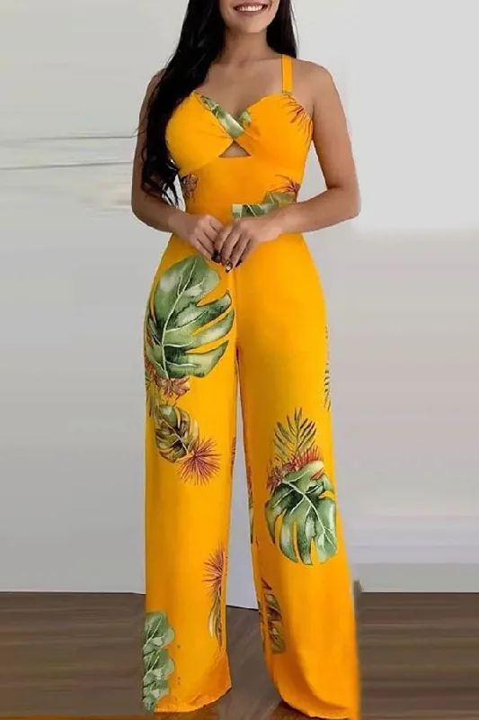 Leaf Print Feminine Twisted Cutout Jumpsuit Huge Price Cut