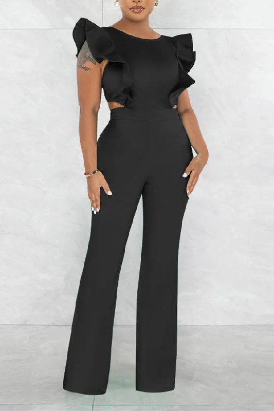 Solid Color Simple Ruffle Shoulder Open Back Jumpsuit Flash Sales