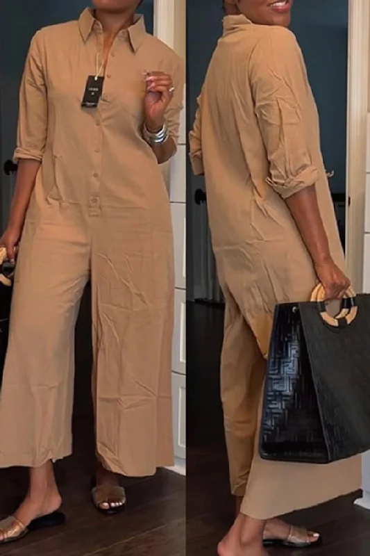 Solid Color Relaxed Button Wide Leg Jumpsuit Trend Alert