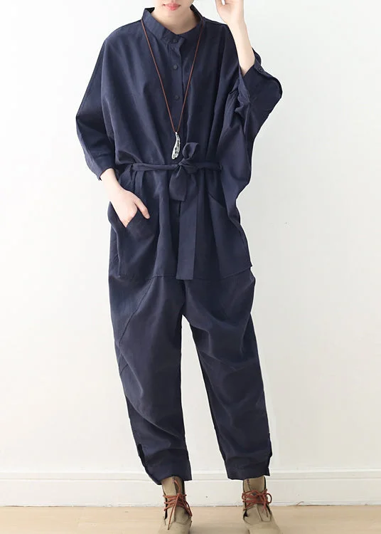 Modern Navy Oversized Tie Waist Cotton Overalls Jumpsuit Fall Popular Collection