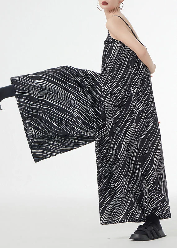 Loose Black Striped Patchwork Silk Cotton Wide Leg Jumpsuits Sleeveless Odd Size Clearance Sale