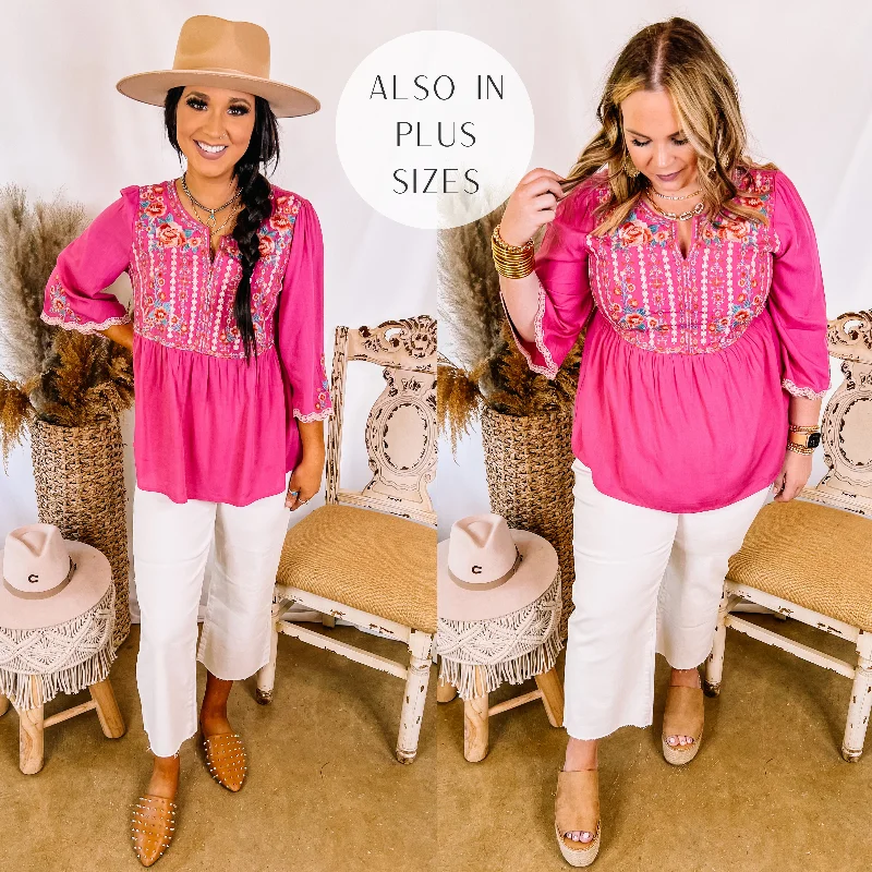 Already Mine 3/4 Bell Sleeve Embroidered Babydoll Top in Pink Fresh Styles, Fresh Deals