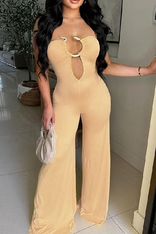 Solid Color Strapless Feminine Metal Decor Cutout Jumpsuit Hollywood Glam Award - Show Style