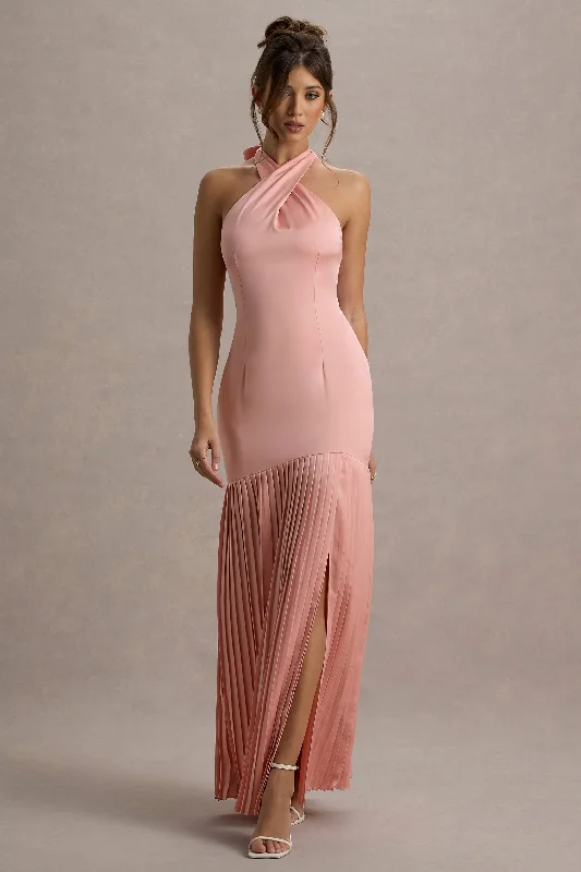 Sansa | Light Pink Satin Cross Halter-Neck Plisse Maxi Dress Special Offers, Don't Miss