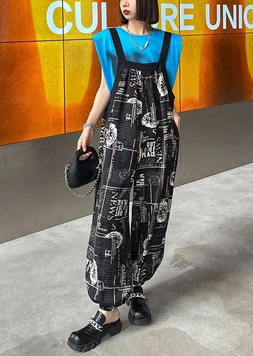 Boho Black Print Pockets carpenter pants Pants Casual Chic