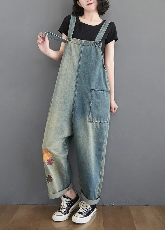 Women Washing Blue Patchwork Cozy Denim Long Jumpsuit Fashion Forward