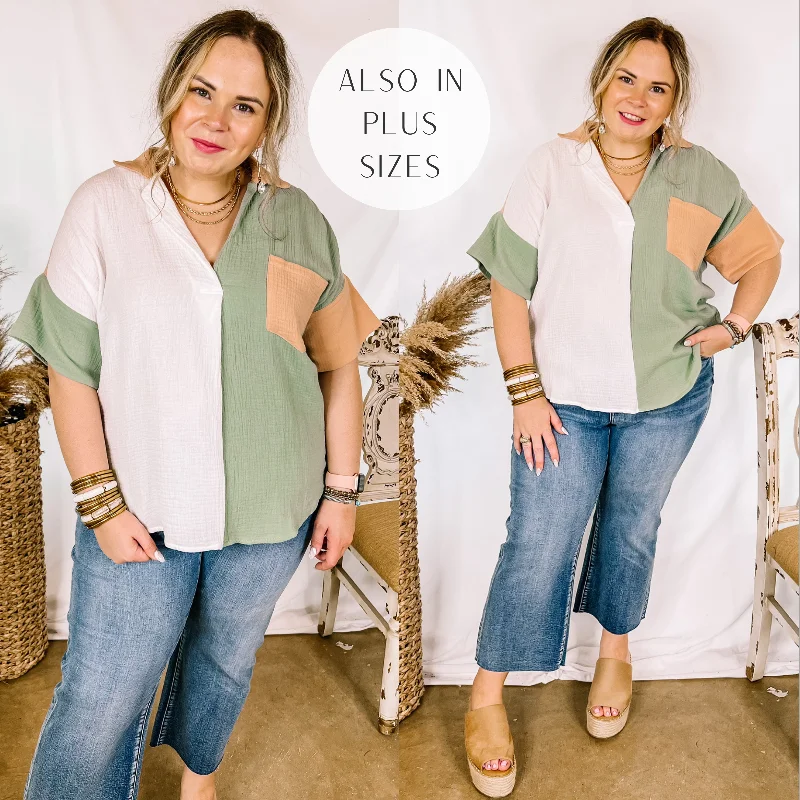 Last Chance Size XL | Burst of Joy Collared Color Block Top in Desert Sage Mix Catch Every Fashion Trend