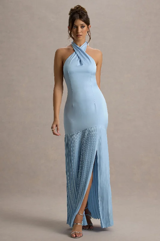 Sansa | Powder Blue Satin Cross Halter-Neck Plisse Maxi Dress Modern Glamour