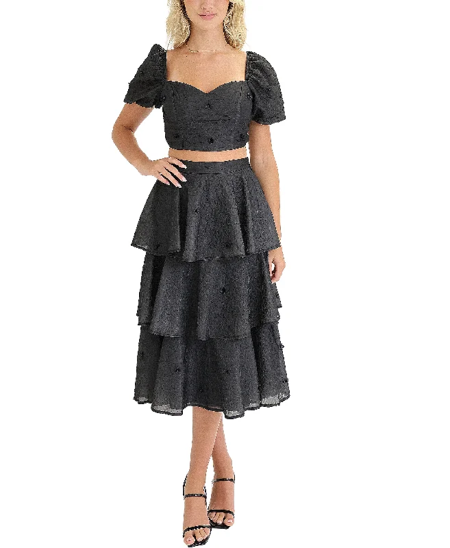 Textured Floral Top & Tiered Ruffle Skirt Set- 2 Pc Set Final Sale