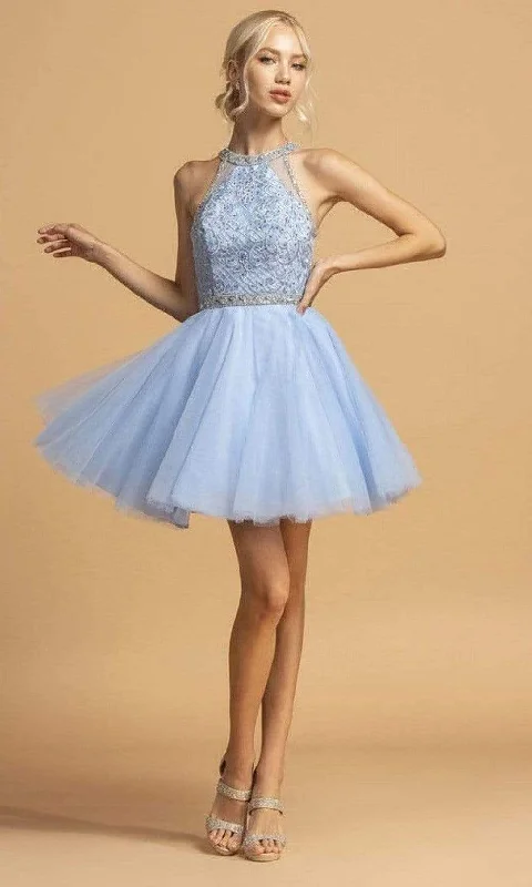 Trevi Collection - S2095 Beaded Halter Tulle Dress High End Women's Wear