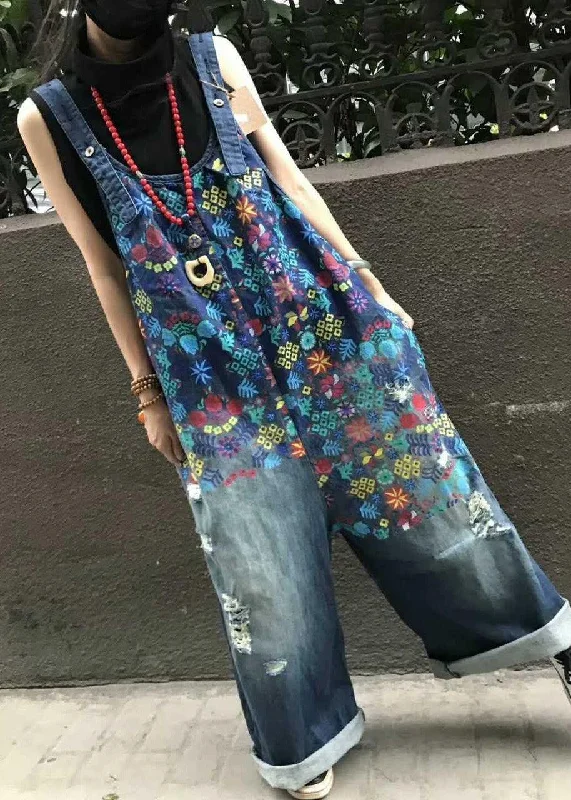 Boutique Print Blue Jeans Overall Jumpsuit Versatile Wardrobe Essentials