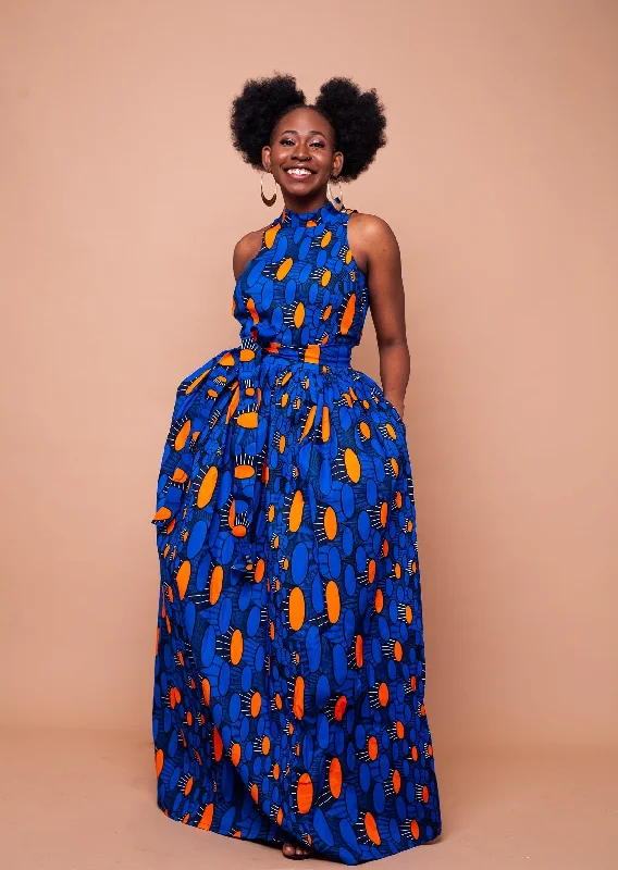 Aubrie Ankara Maxi Dress | Blue and Orange African Print Now On Sale For Chic Urban Styles