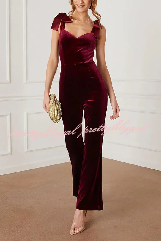 Merlot Sippin' Velvet Shoulder Tie Flare Stretch Jumpsuit Ends Soon