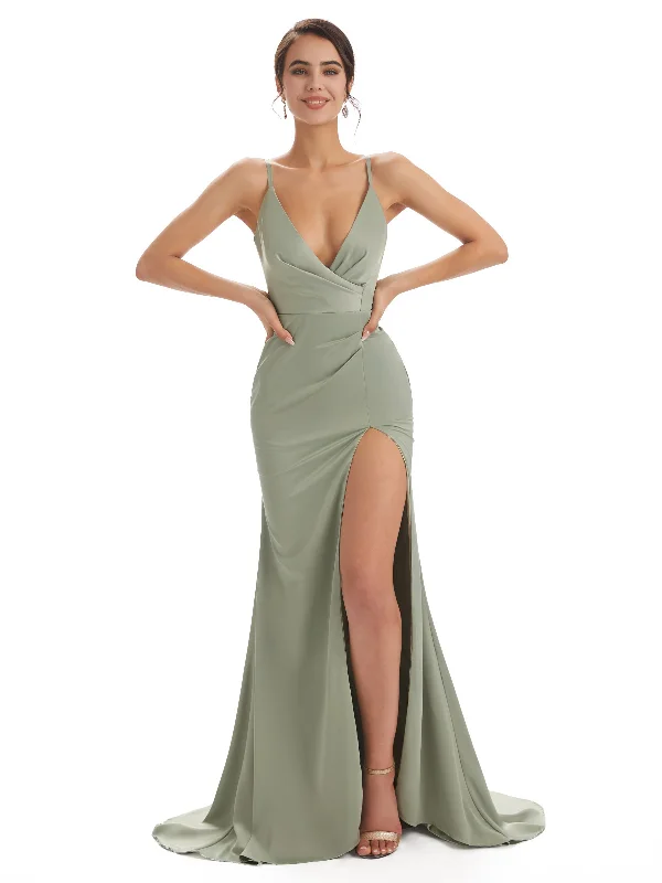 Sexy Side Slit Spaghetti Straps V-neck Long Mermaid Satin Womens Wedding Guest Dresses Spring Fashion