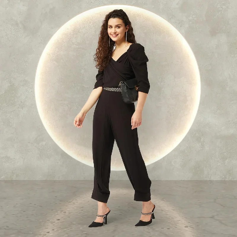 PANNKH Black Solid Ruffle Sleeves Stylish Jumpsuit Fashion Forward