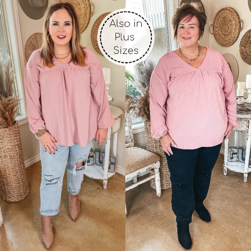 Office Feels Long Sleeve V Neck Babydoll Top in Dusty Pink Father's Day Deals