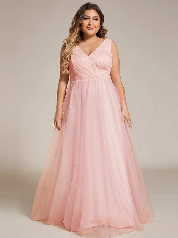 Chic Plus Size Sleeveless V-neck Lace and Tulle Bridesmaid Dress Your Timeless Wardrobe Awaits