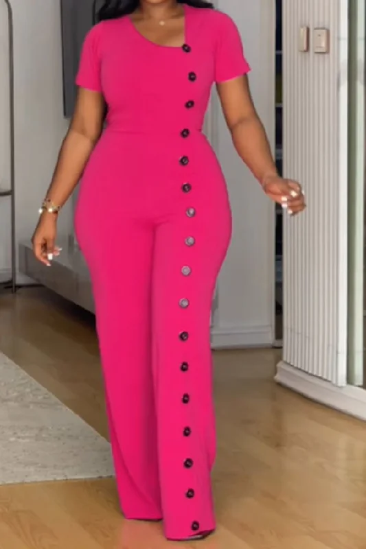 Hit Color Button Decor Modern Wide Leg Jumpsuit Trend Alert