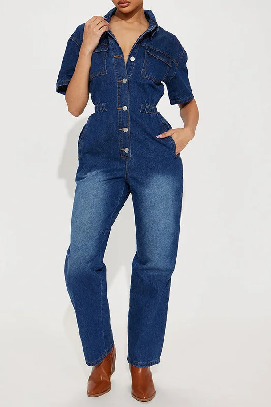 Gradient Denim Boyish Pocket Button Jumpsuit Casual Chic