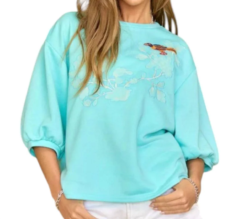 Oriental Embroidered Bird Puff Sleeve Top In Mint Casual Chic