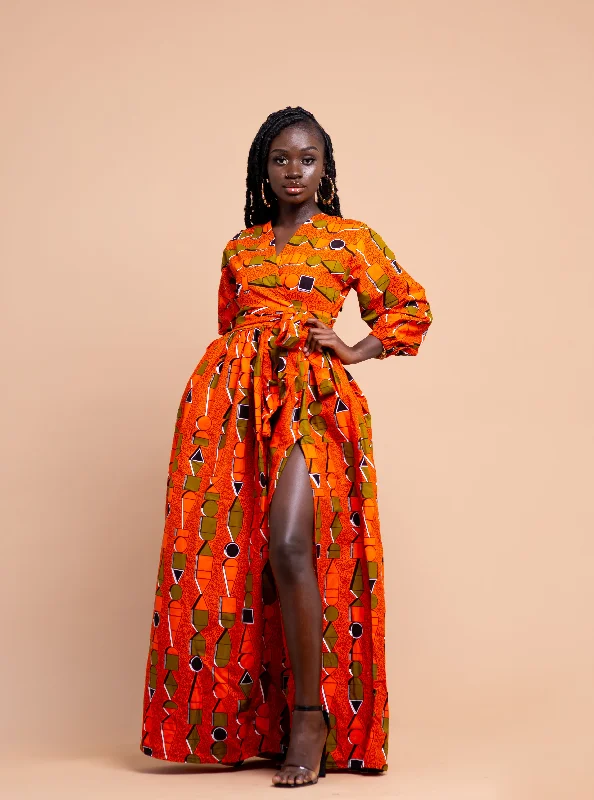 Annette Ankara Maxi Dress | Orange African Print Disco - Inspired Retro Dance Look