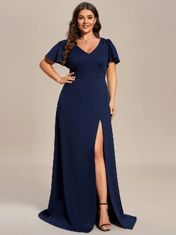 Plus Size Classical Ruffles Sleeve A-Line Front Slit Bridesmaid Dress Flowy Fabric