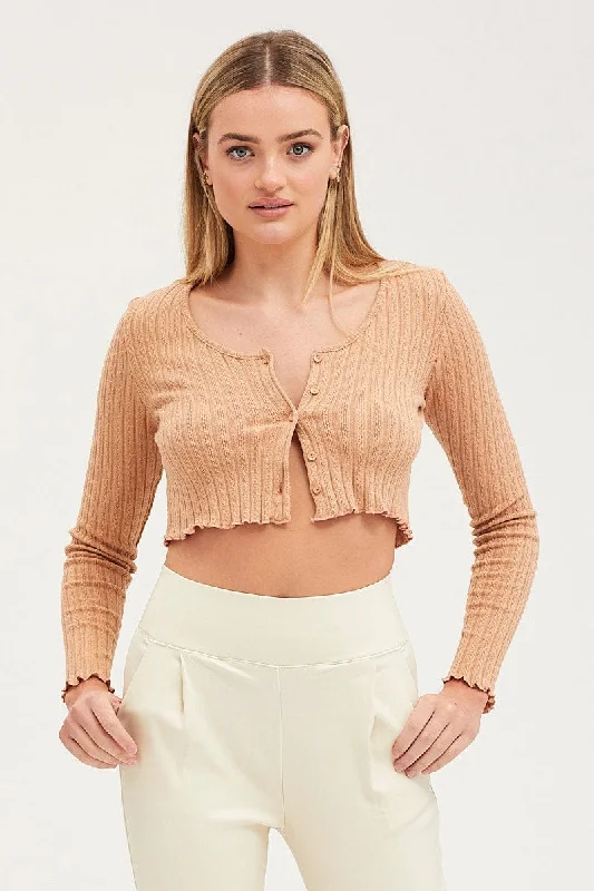 Beige Rib Top Long Sleeve Trendy Clothing Sale