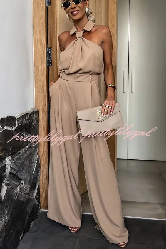 Fashionable Unique Look Halter Shirt Collar Pocketed Wide Leg Jumpsuit The Epitome Of Modern Women's Fashion