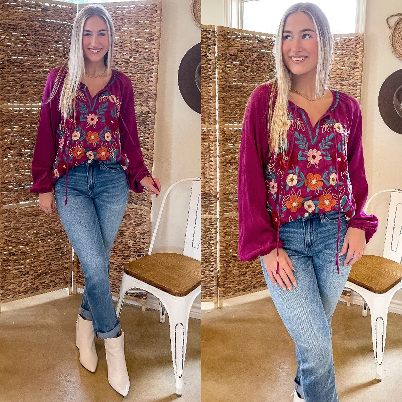 Savanna Jane | These Are The Days Long Sleeve Floral Embroidered Top in Magenta Women's Fashion Hotspots