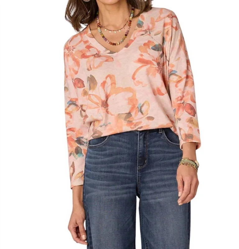 Three Quarter Sleeve Rounded V-Neck Floral Printed Knit Top In Honey Guava Multi Trendy Women's Wear Collection