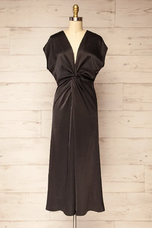 Bossie Black | Long Satin Dress w/ Knot Effect Colorful Clothing