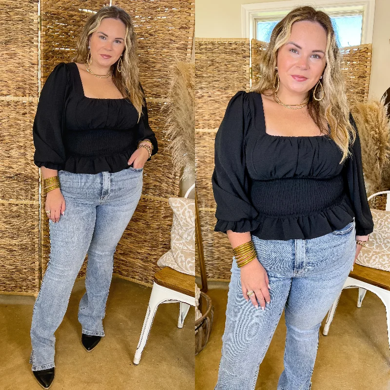 Starting Fresh Long Sleeve Peplum Top with Smocked Bodice in Black The Epitome Of Modern Women's Fashion