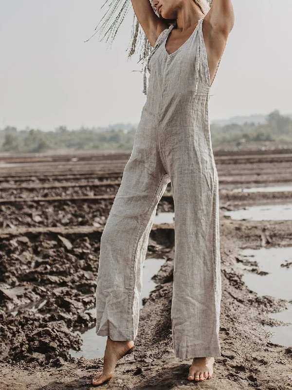 Women Boho Grey Linen Jumpsuit Romper Comfy Sleeveless Jumpsuit Chic Trend Collection