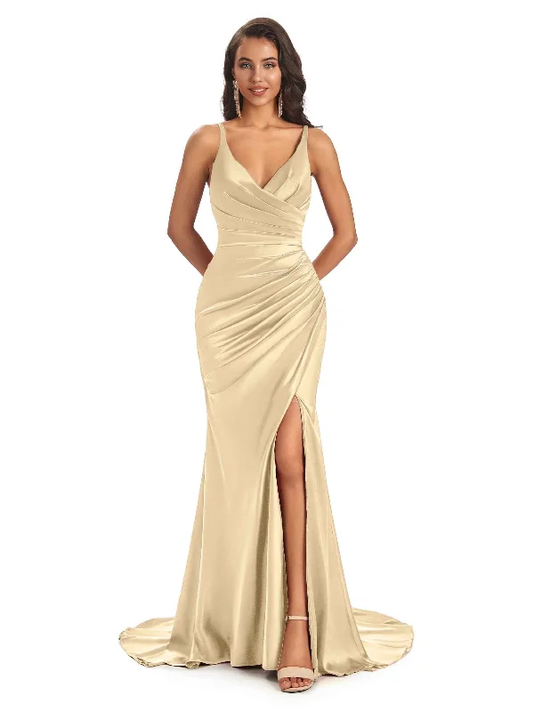 Soft Satin Side Slit Spaghetti Straps Long Sexy Mermaid Wedding Attendee Dresses Chic & Cozy Apparel