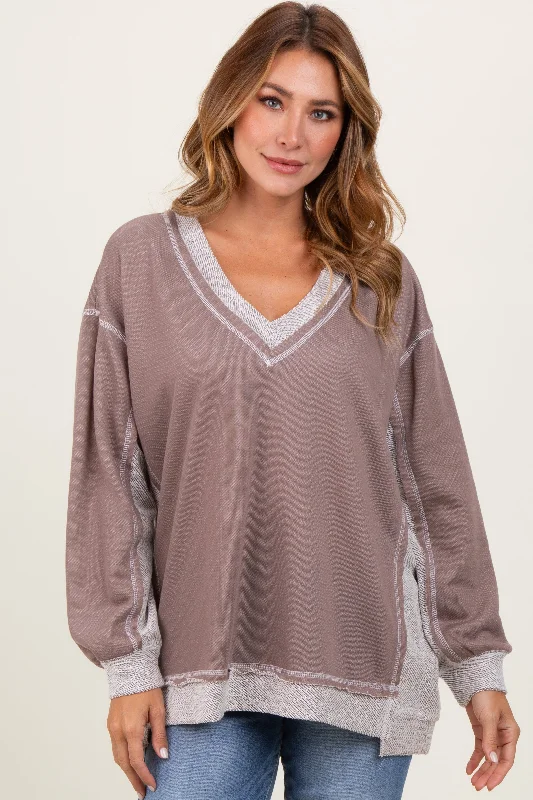 Mocha Contrast French Terry Long Sleeve Top Bid Farewell To The Old Season