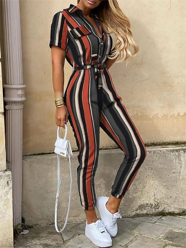 Color Striped Short Sleeve Jumpsuit Comfort First Women's Fashion