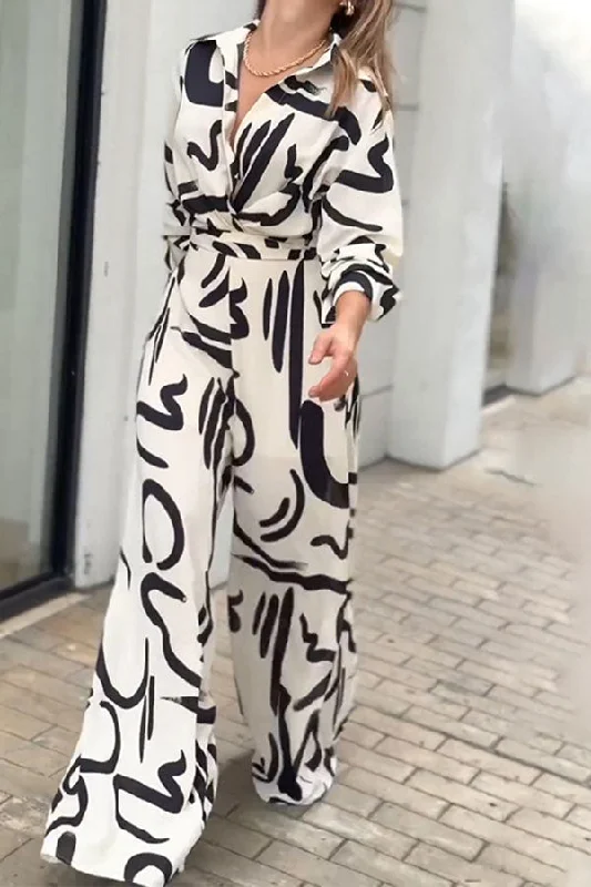 Graffiti Print Modern Belted Wide Leg Jumpsuit Seasonal Fashion