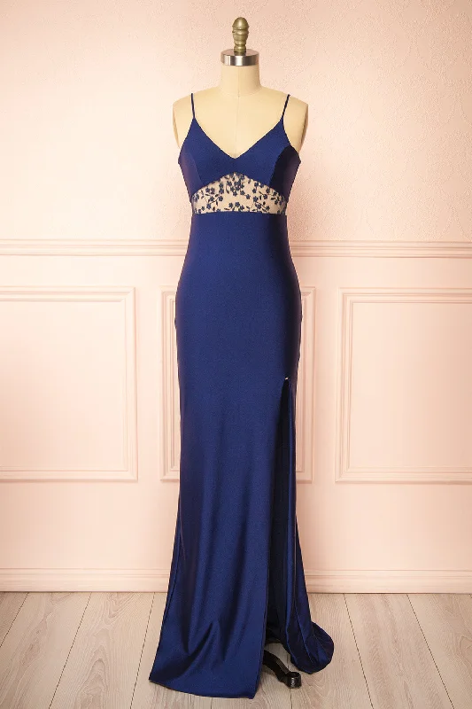 Angelika | Navy Maxi Dress w/ Embroidered Mesh Bold Fashion