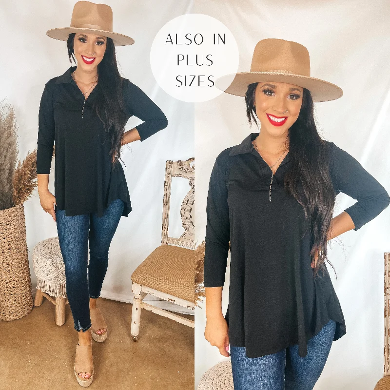 Scenic Route Solid Collared Tunic Top in Black Trendy Women's Wear Collection