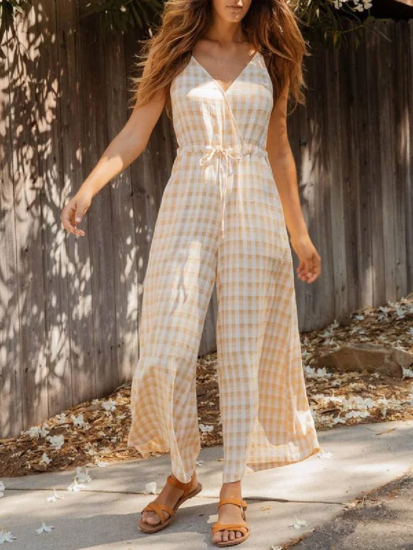 V Neck Lace-Up Wide Leg Jumpsuit Vintage Style Clothing Sale