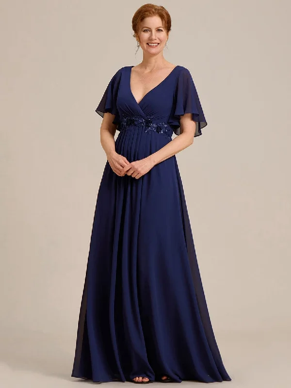 Gentle Iris | Ruffles Sleeve A-Line Chiffon Waist Applique Maxi Mother of the Bride Dress Attire Sale