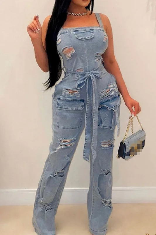 Blue Ripped Denim Cozy Belted Suspenders Jumpsuit Latest Trends