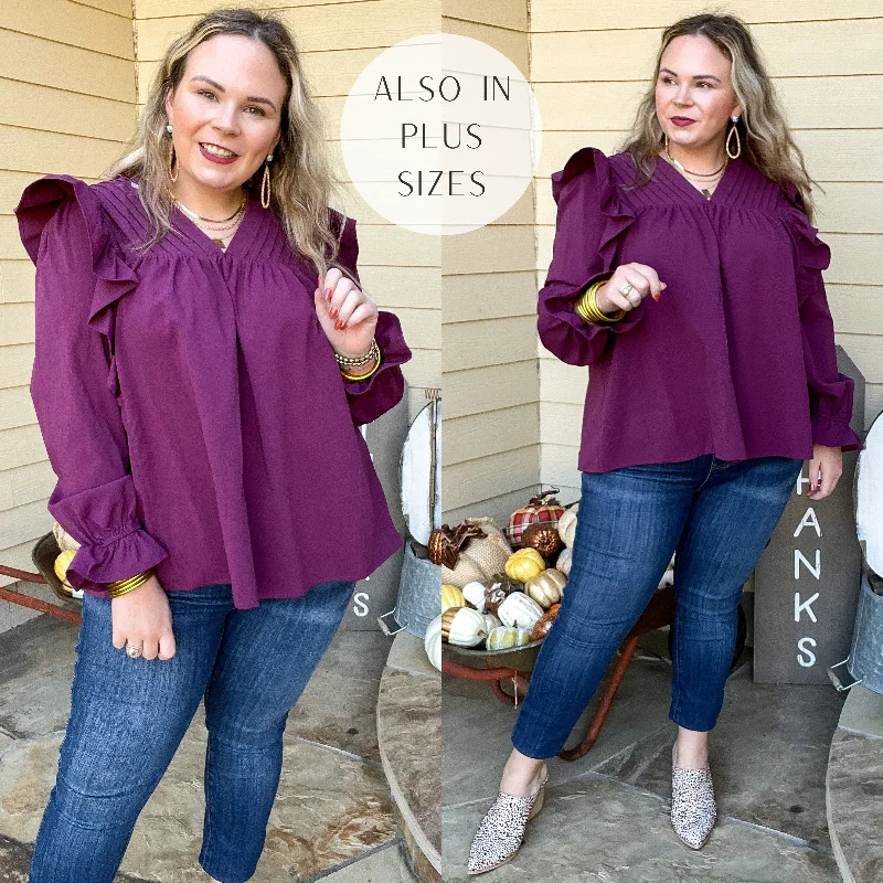 Last Chance Size Small & Medium | Coffee Perks Ruffle Detail Long Sleeve Top in Eggplant Purple Signature Style Essentials