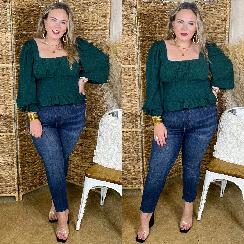 Last Chance Size Medium & Large | Starting Fresh Long Sleeve Peplum Top with Smocked Bodice in Forest Green All Season Fashion Collection