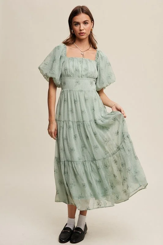 Flower Embroidered Puff Sleeve Tiered Maxi Dress Classic Charm